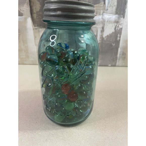 Vintage Ball Mason Jar Blue Full of Old Glass Marbles - Picture 2 of 7
